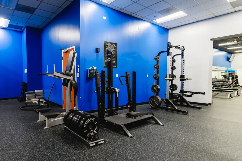 A lifting platform and half rack at Foundation Fitness Cambridge