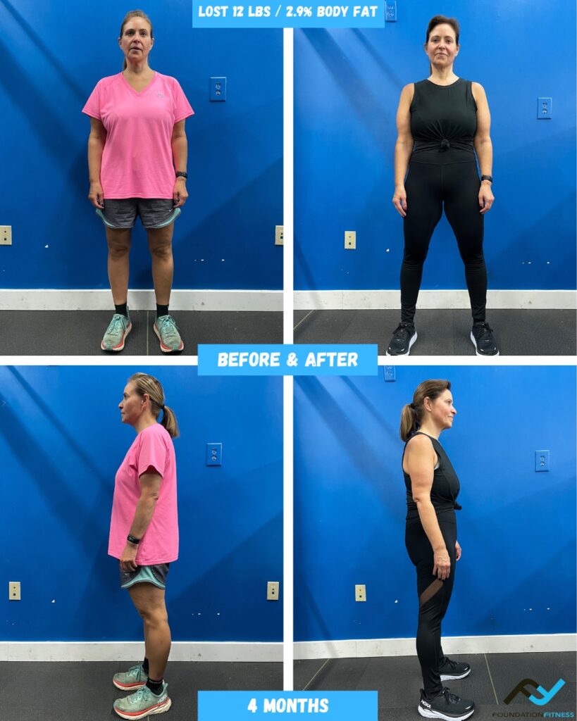 Before-and-after transformation of a Foundation Fitness personal-training client