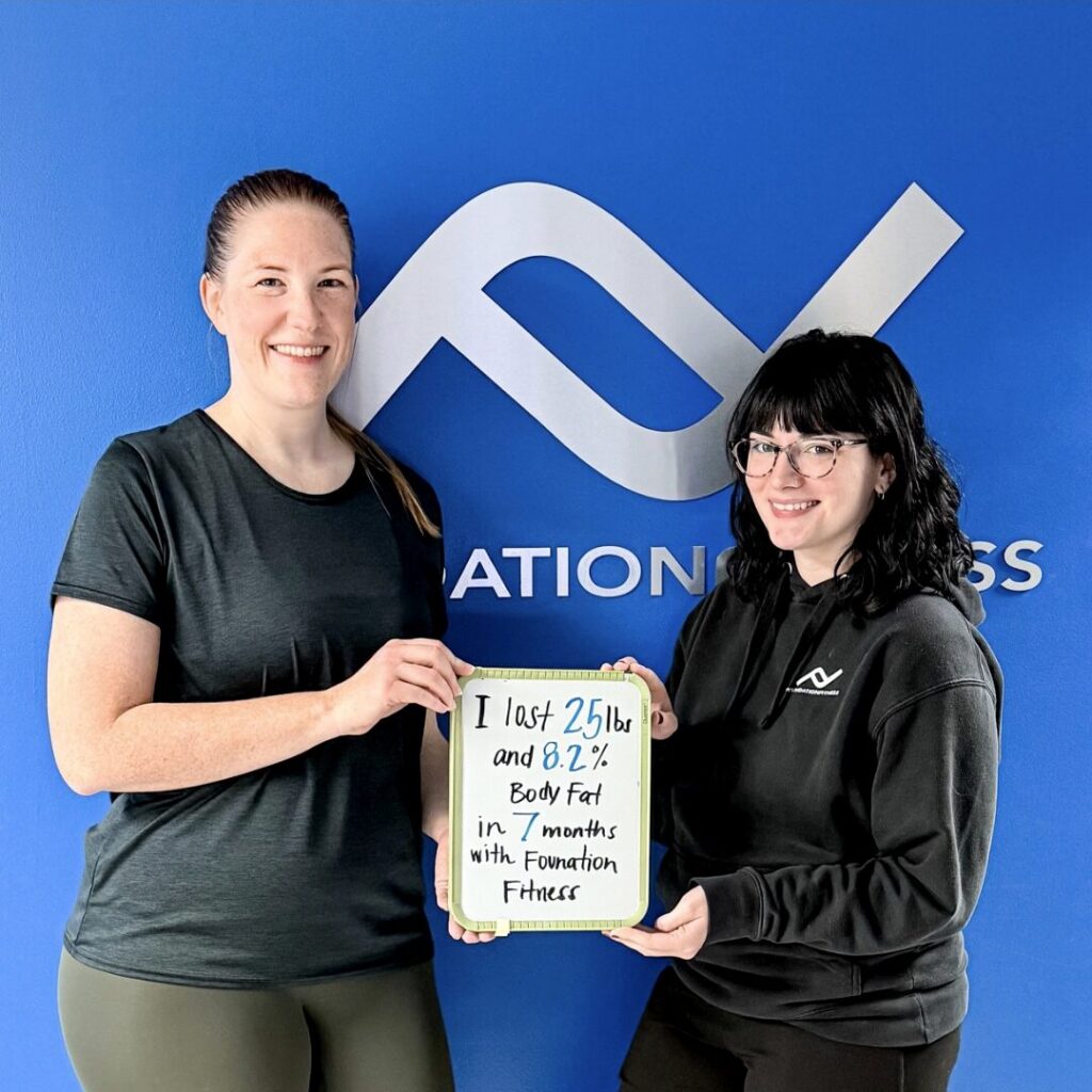A Foundation Fitness client holding a sign with the weight and body fat she lost, standing with her trainer